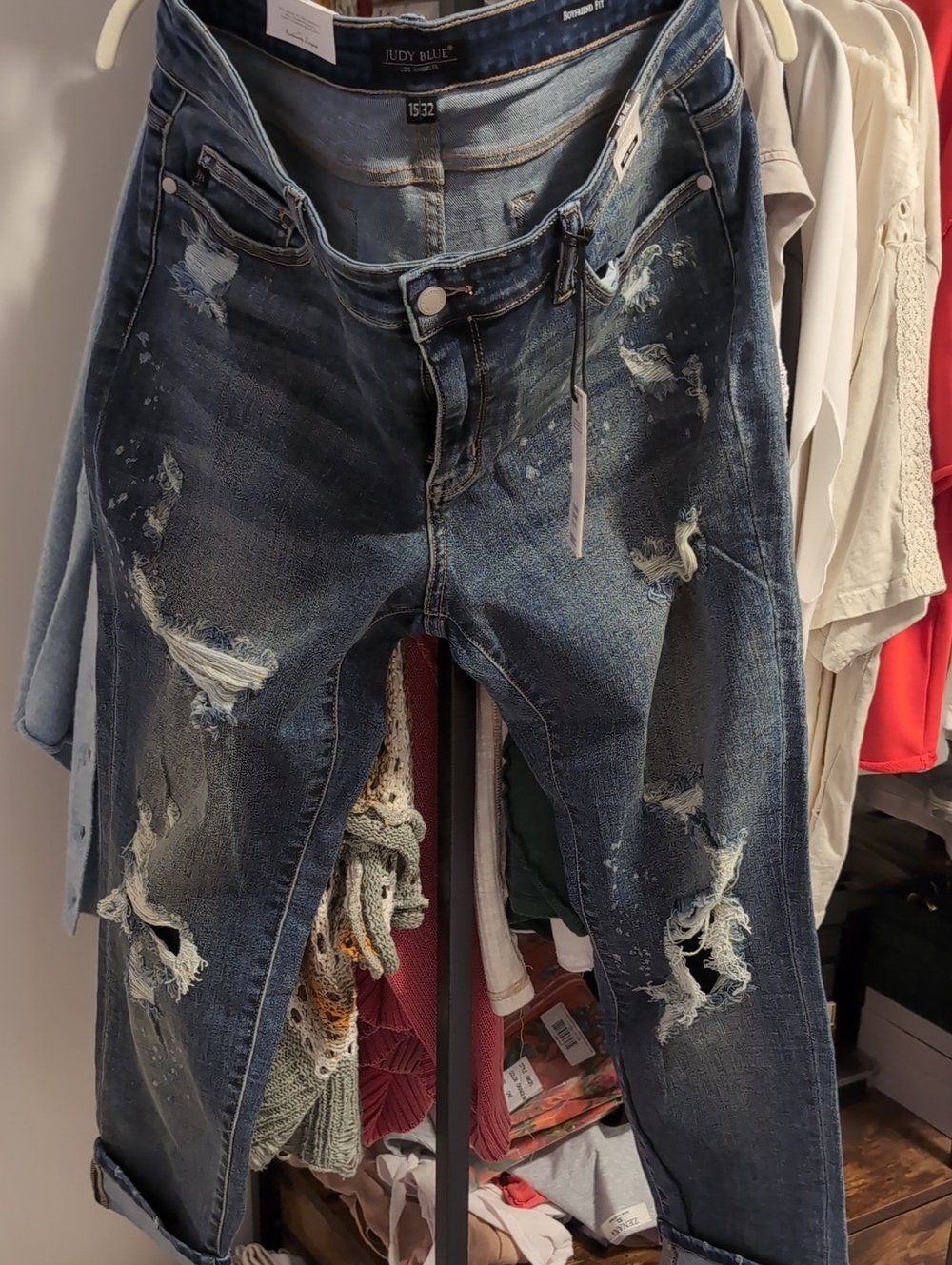 Judy Blue Distressed Medium-Dark Blue Boyfriend Jeans